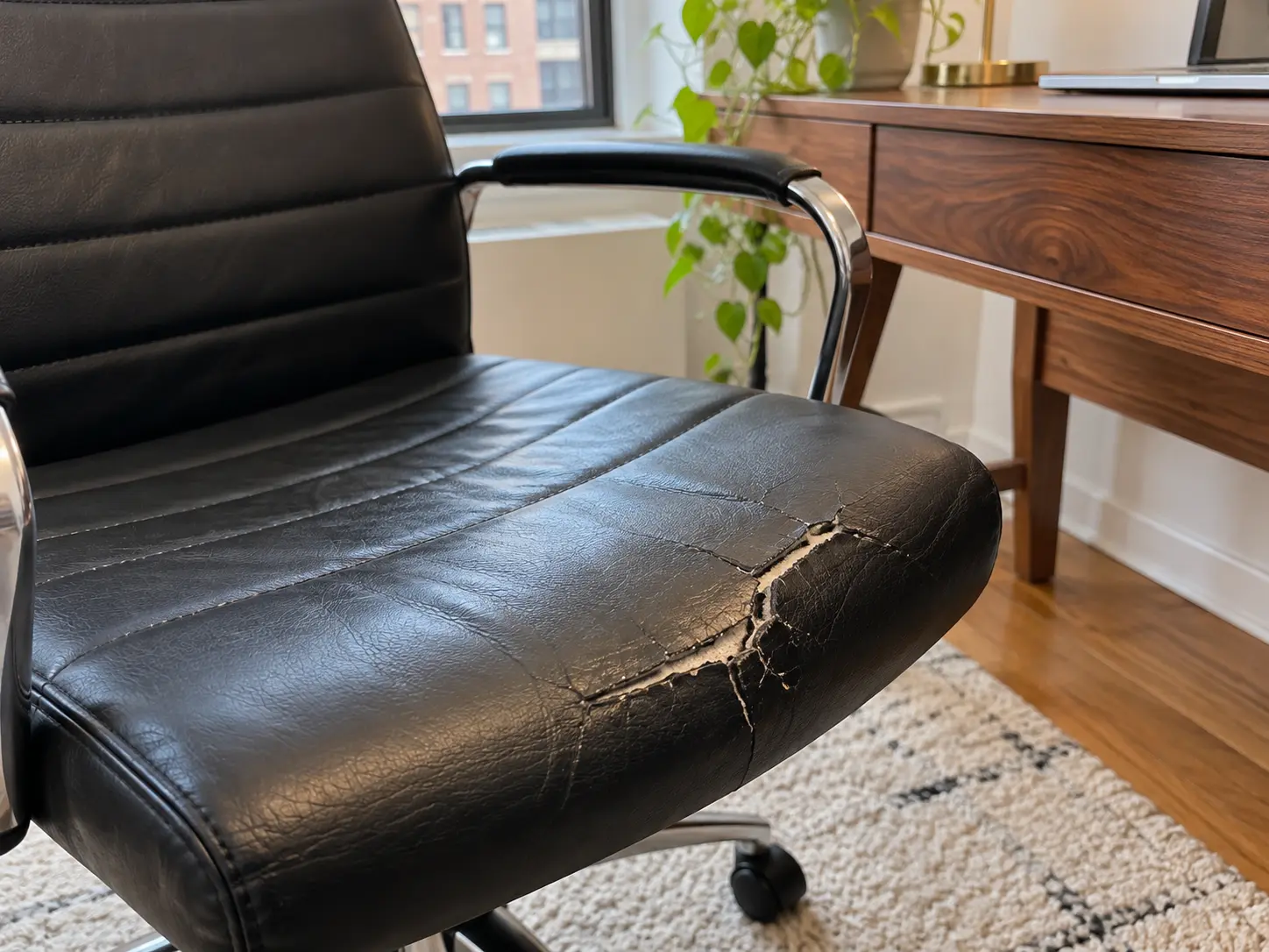 Black leather desk chair with a split seat