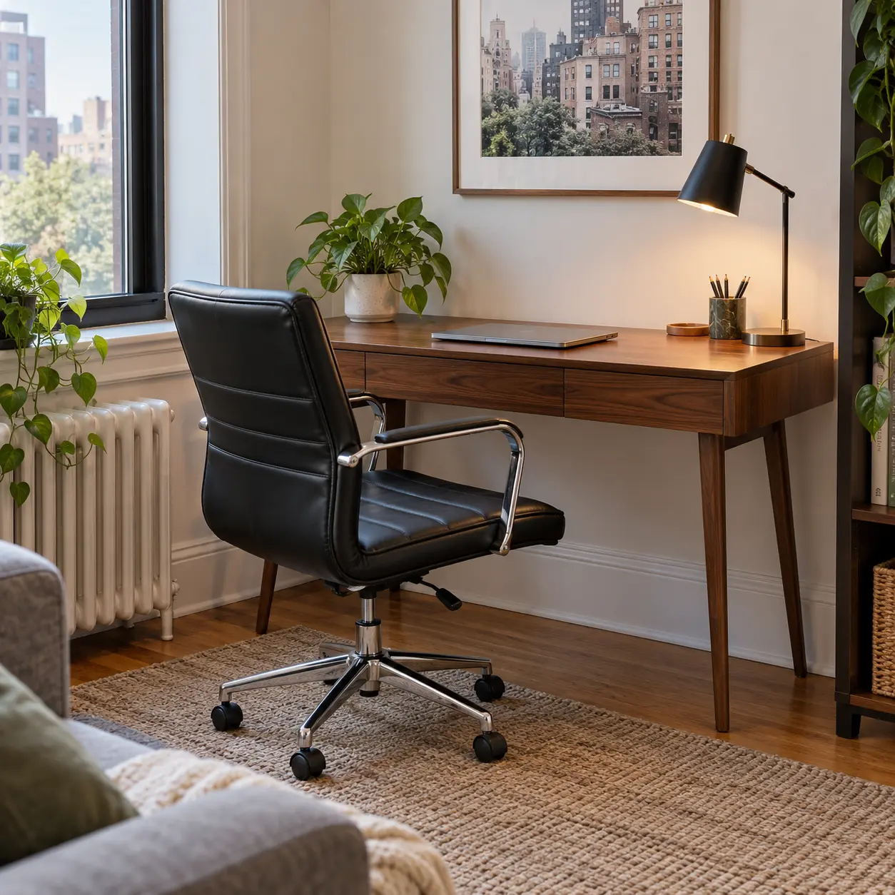 A desk chair in a rental work corner