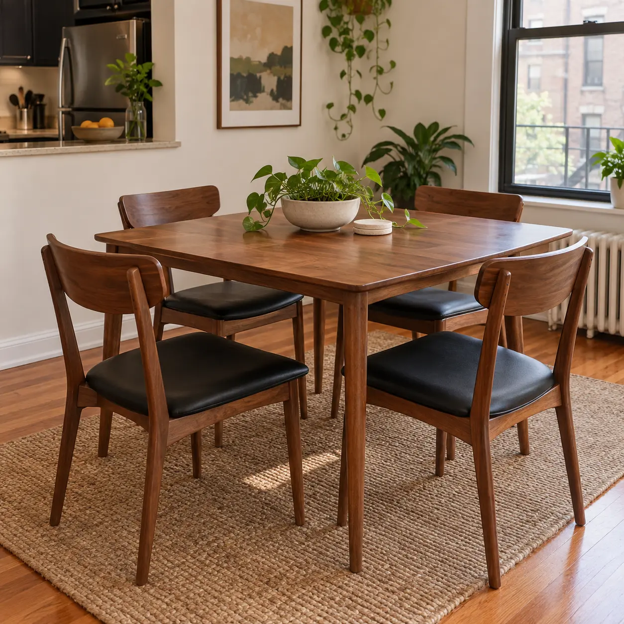 Set of walnut dining chairs with black seats around a table