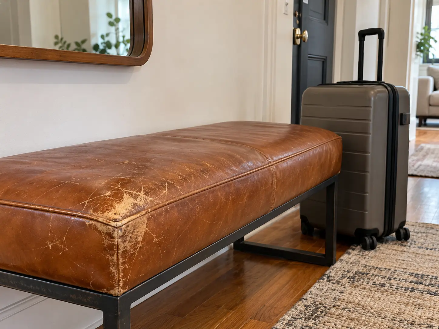 Worn leather entry bench corner