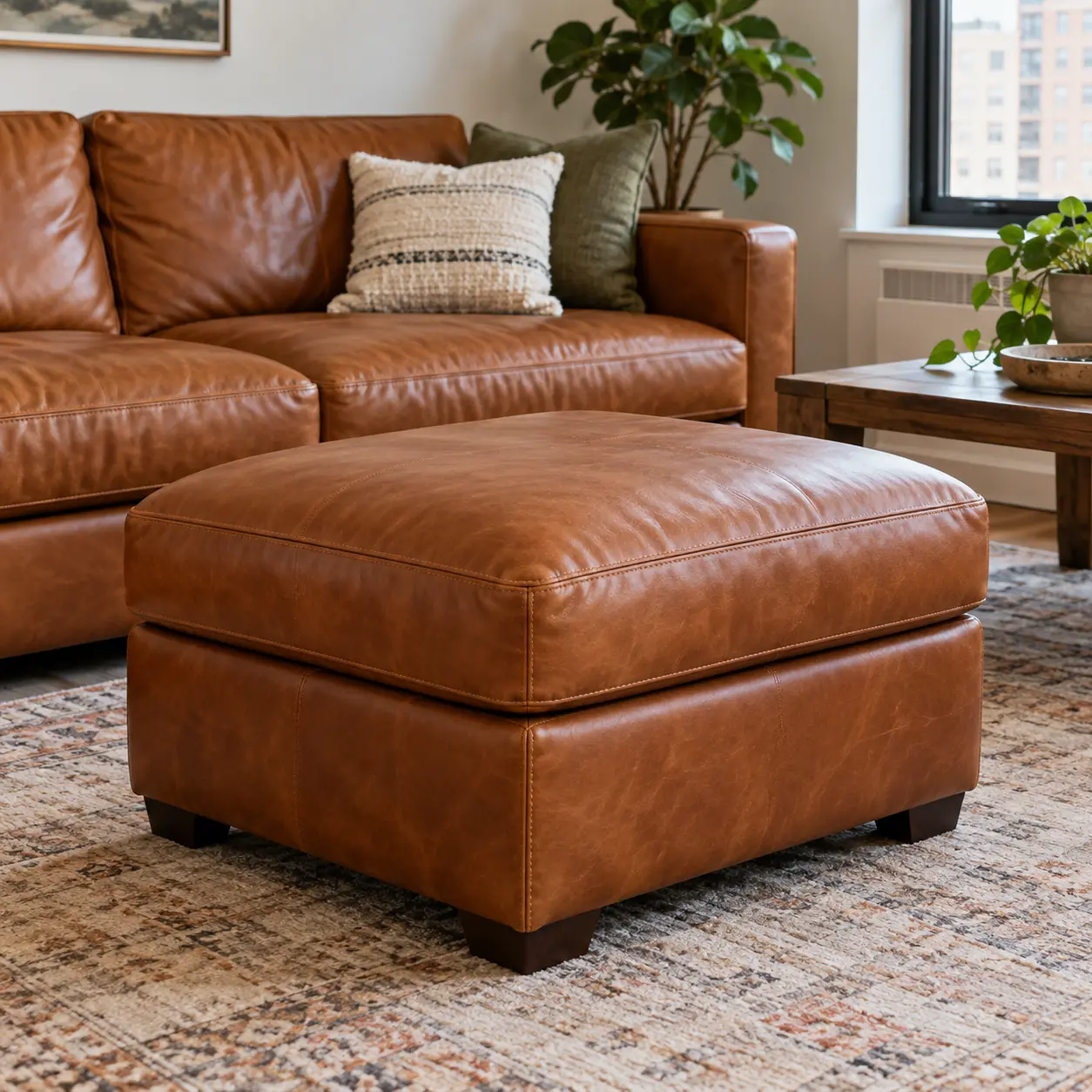 Cognac leather ottoman in a living room