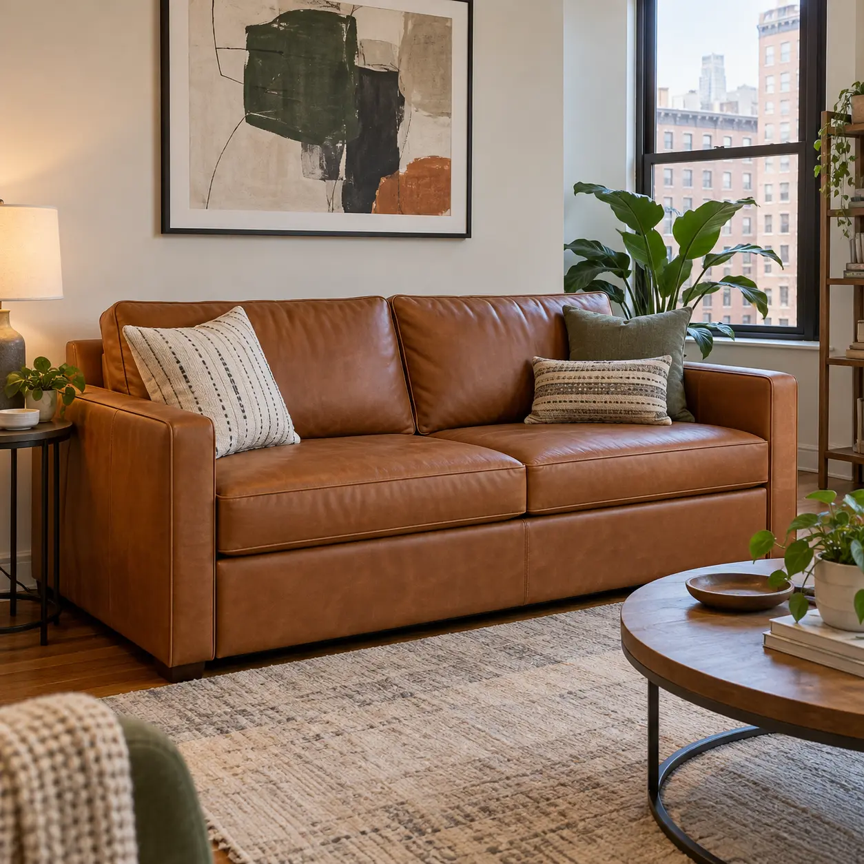 Cognac leather sleeper sofa in an apartment