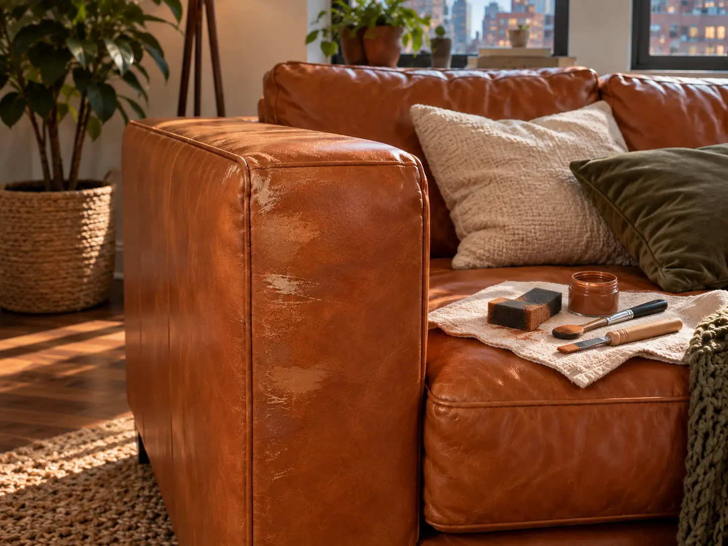 Repair kit beside a sofa arm being fixed