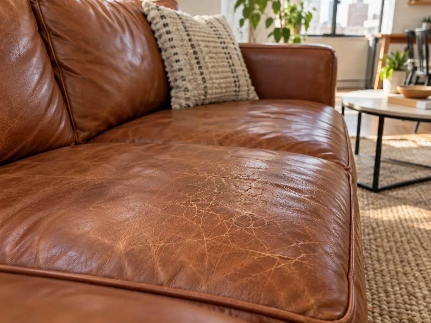 Cracked leather sofa cushion