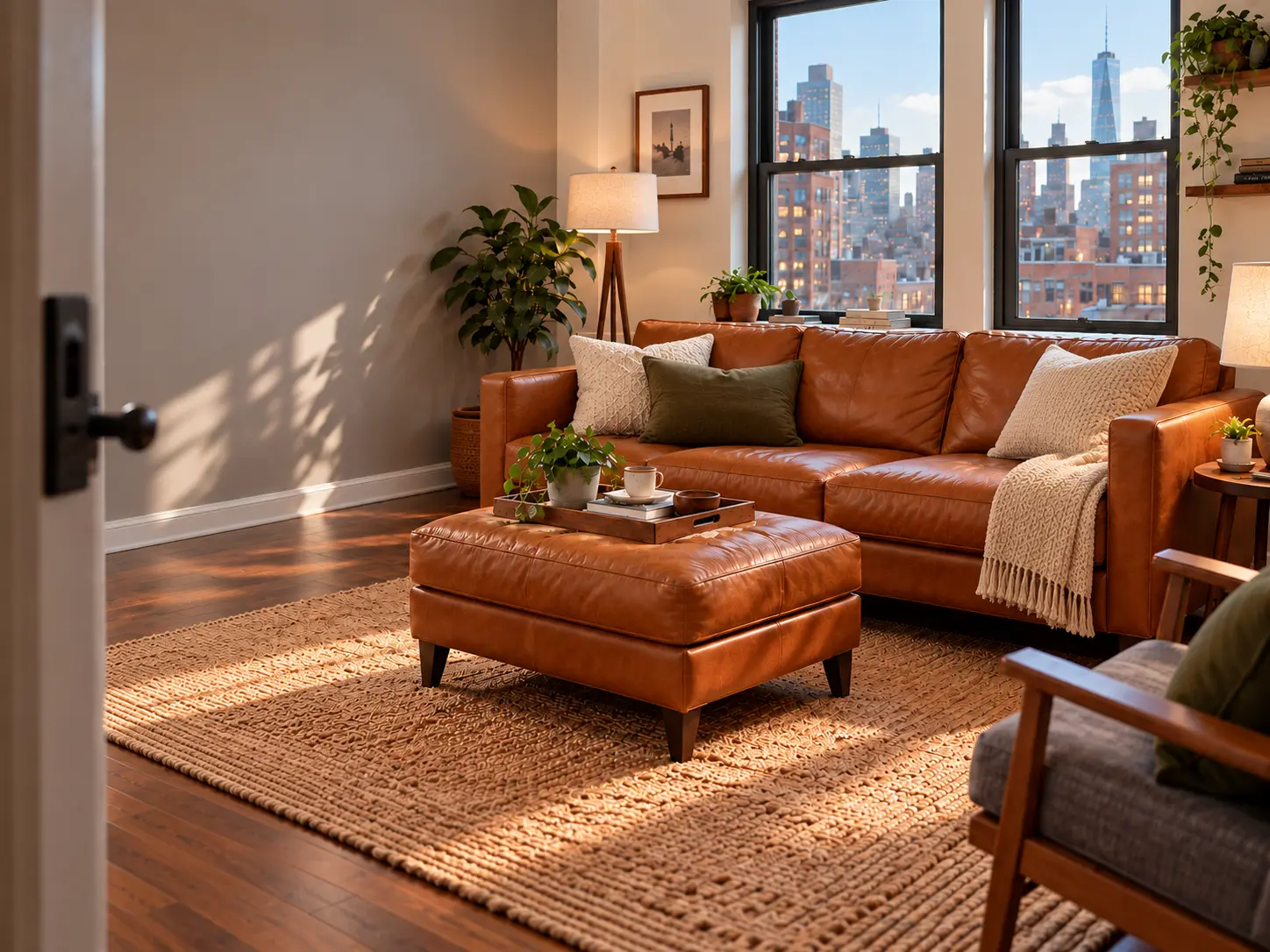 Leather sofa in an apartment styled for listing photos