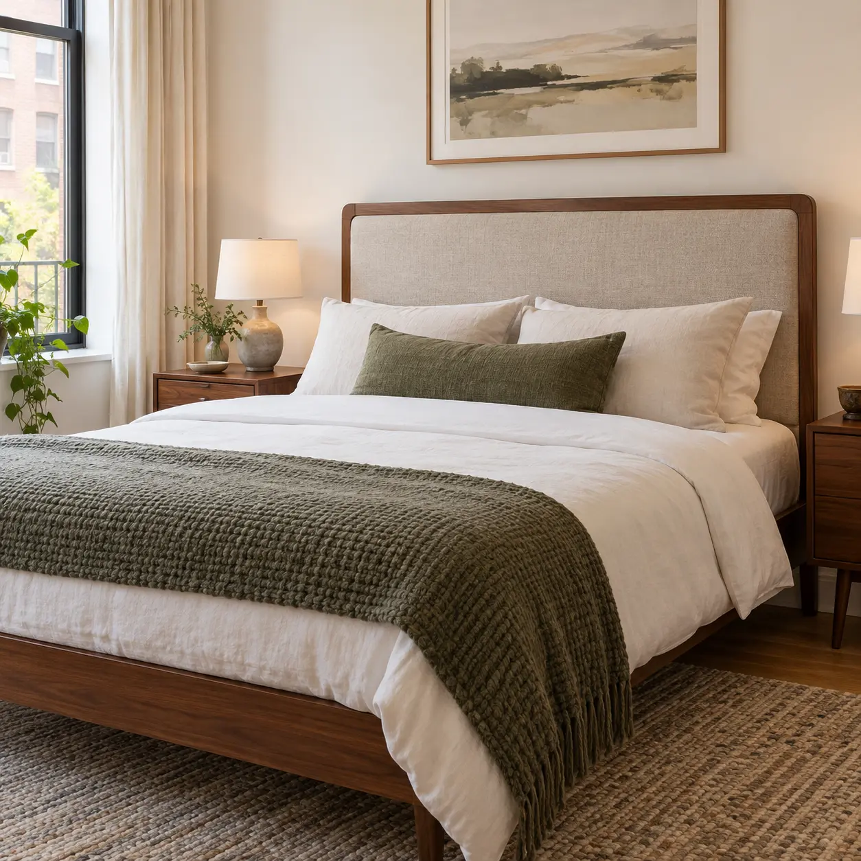 An upholstered headboard in a rental bedroom