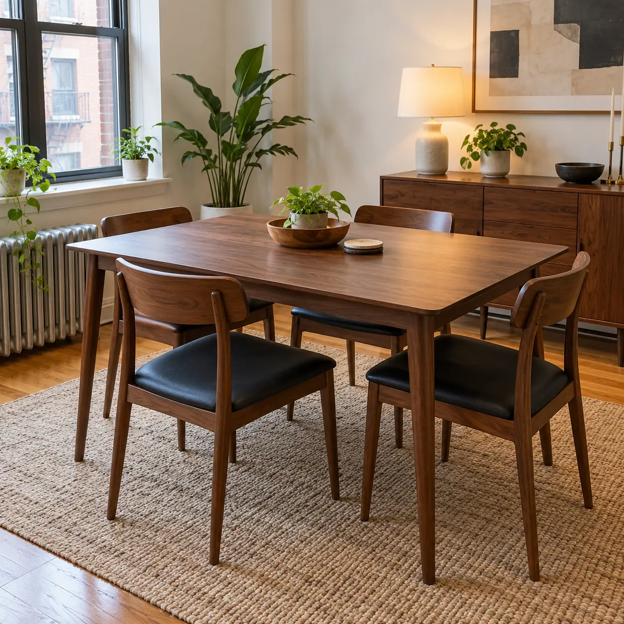 A wood dining table in a rental