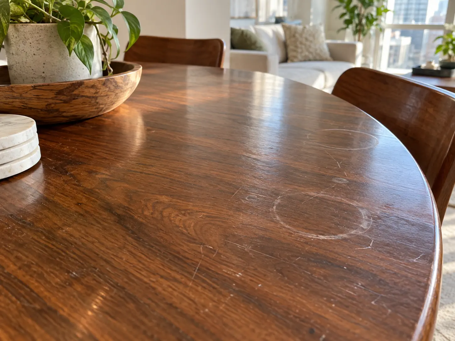A rental dining table before repair