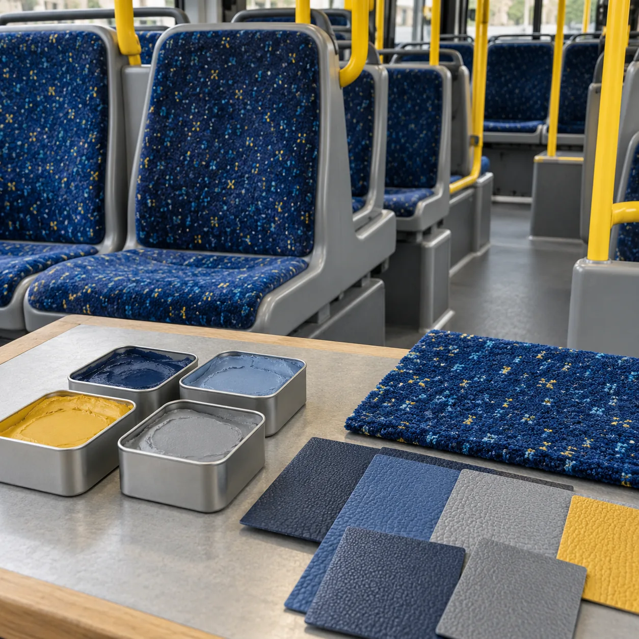 Tins of repair compound and moquette swatches laid out on a bench