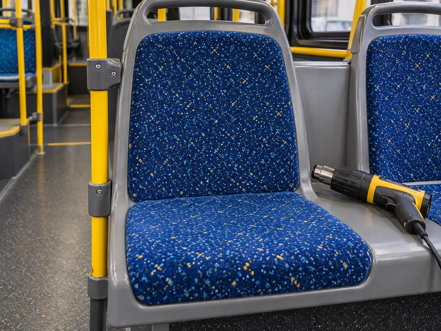 The repair filled level and set, with the heat tool resting on the seat frame