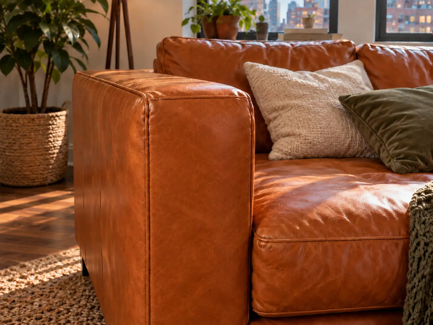 Cognac leather sofa in a living room
