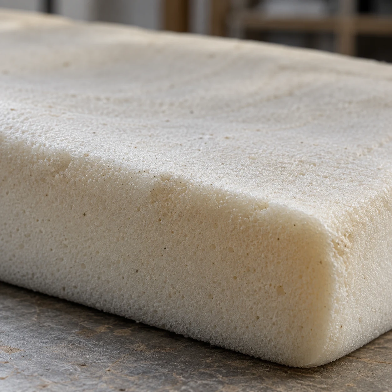 New foam slab for a medical chair pad with a radiused corner, on the workbench
