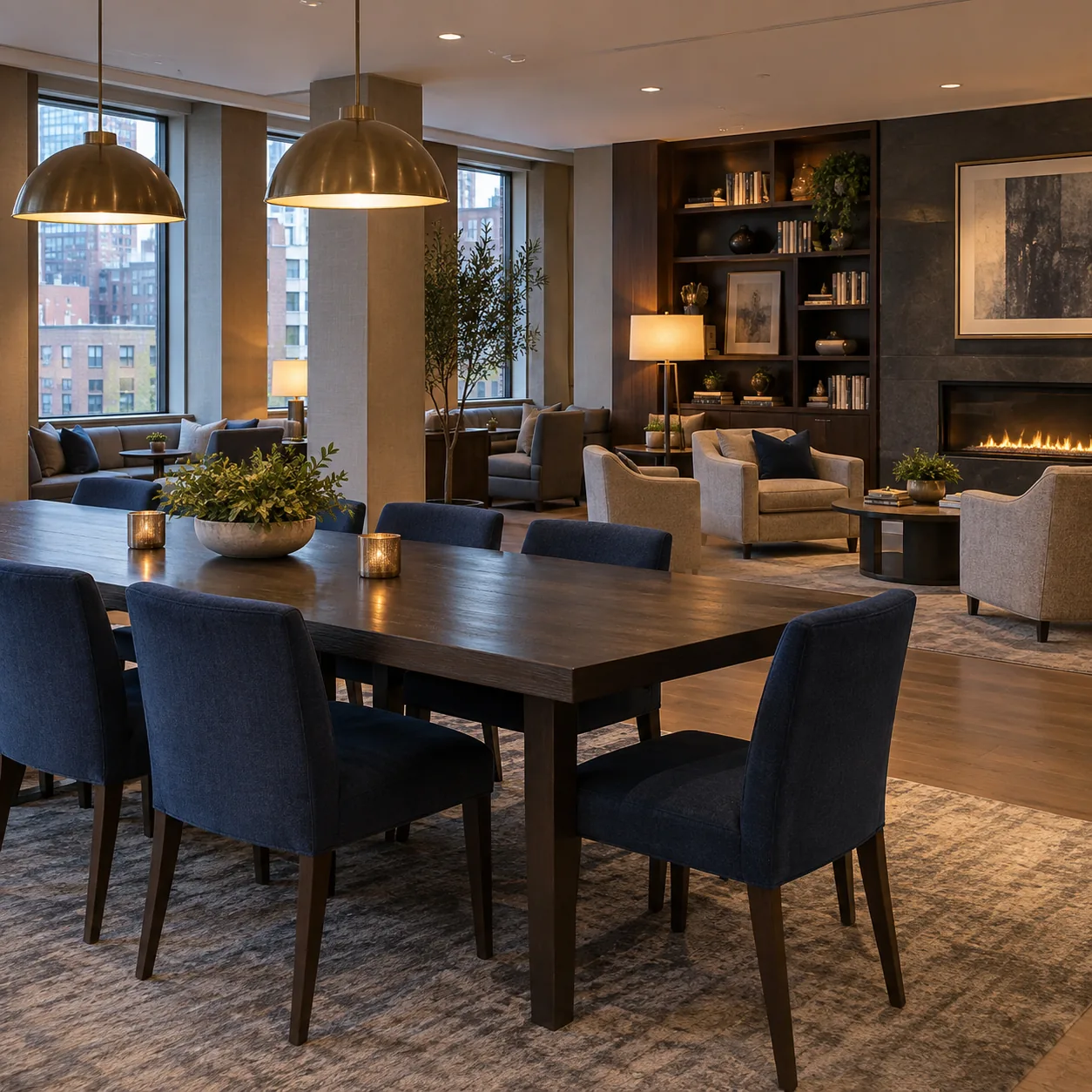 A resident club room with lounge chairs and dining chairs
