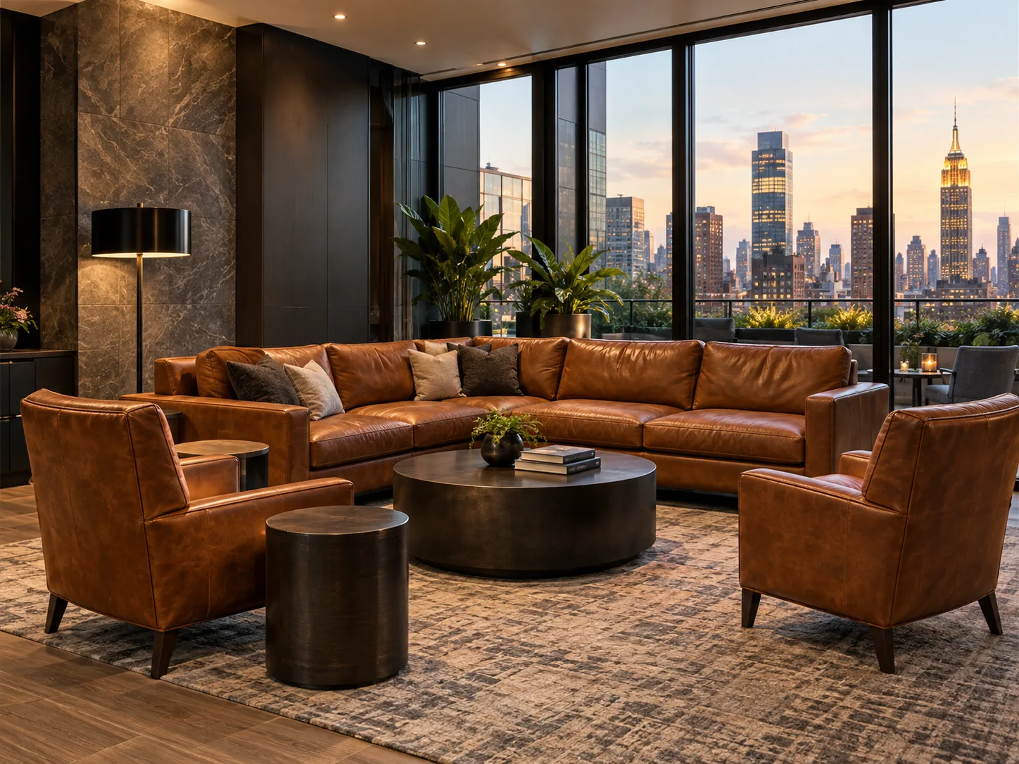 A resident lounge with cognac leather sofas and chairs and a skyline window