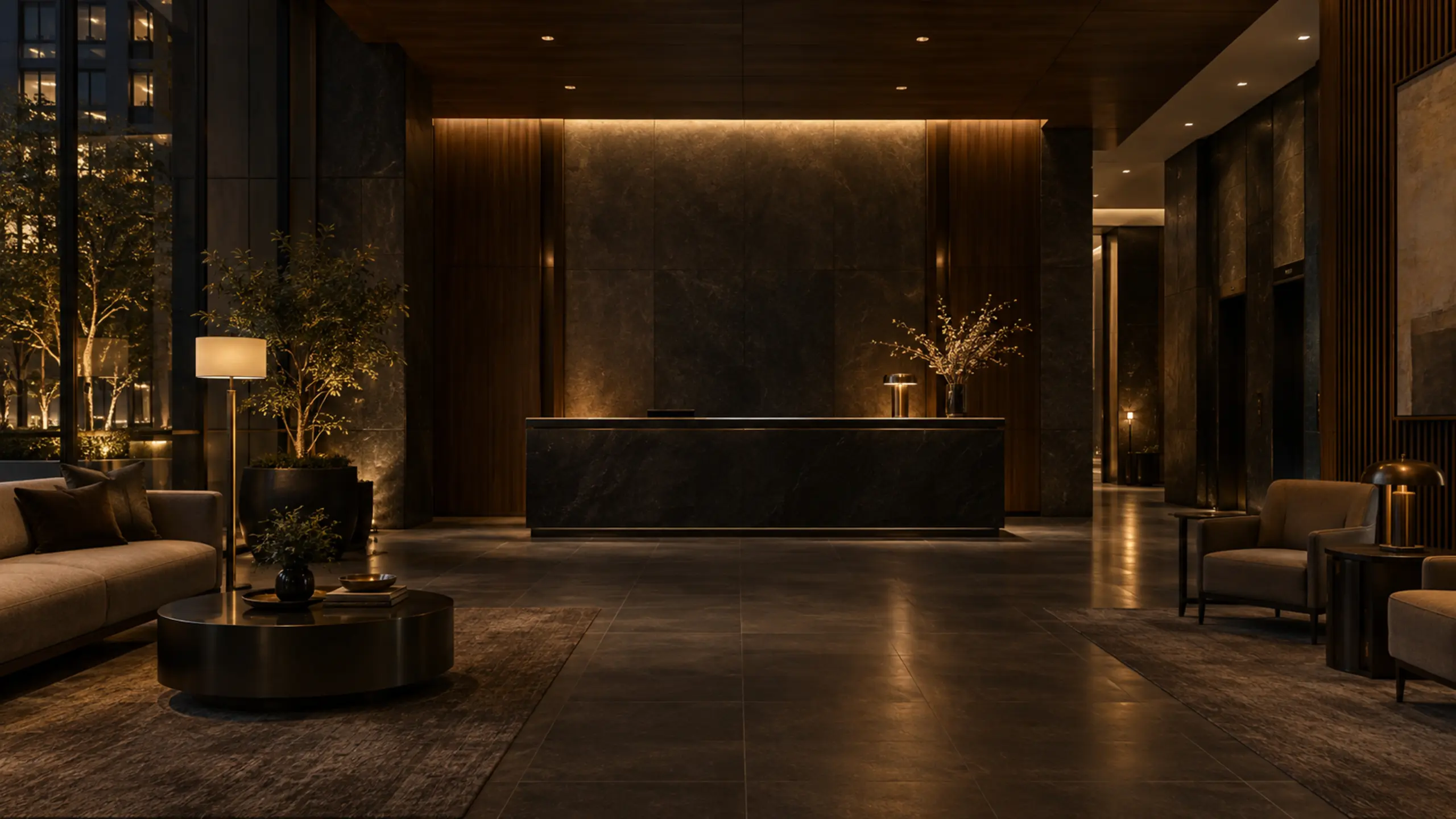 A residential building lobby in the evening, lights low and the front desk empty