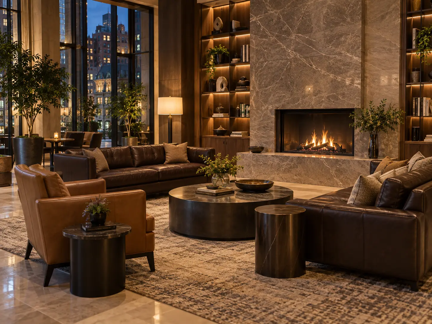 A residential clubhouse lounge with upholstered seating by a fireplace