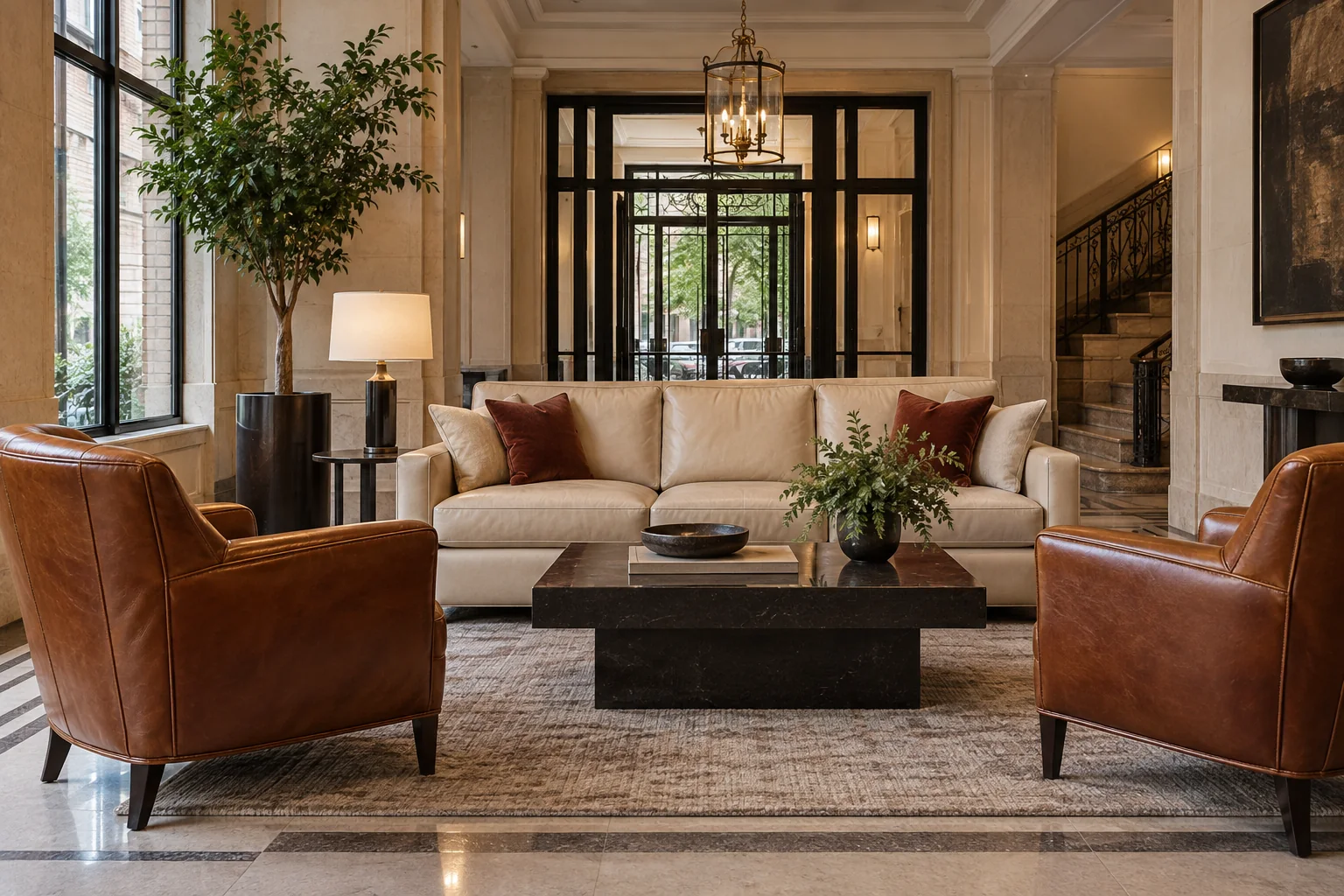 Leather seating in a residential building lobby