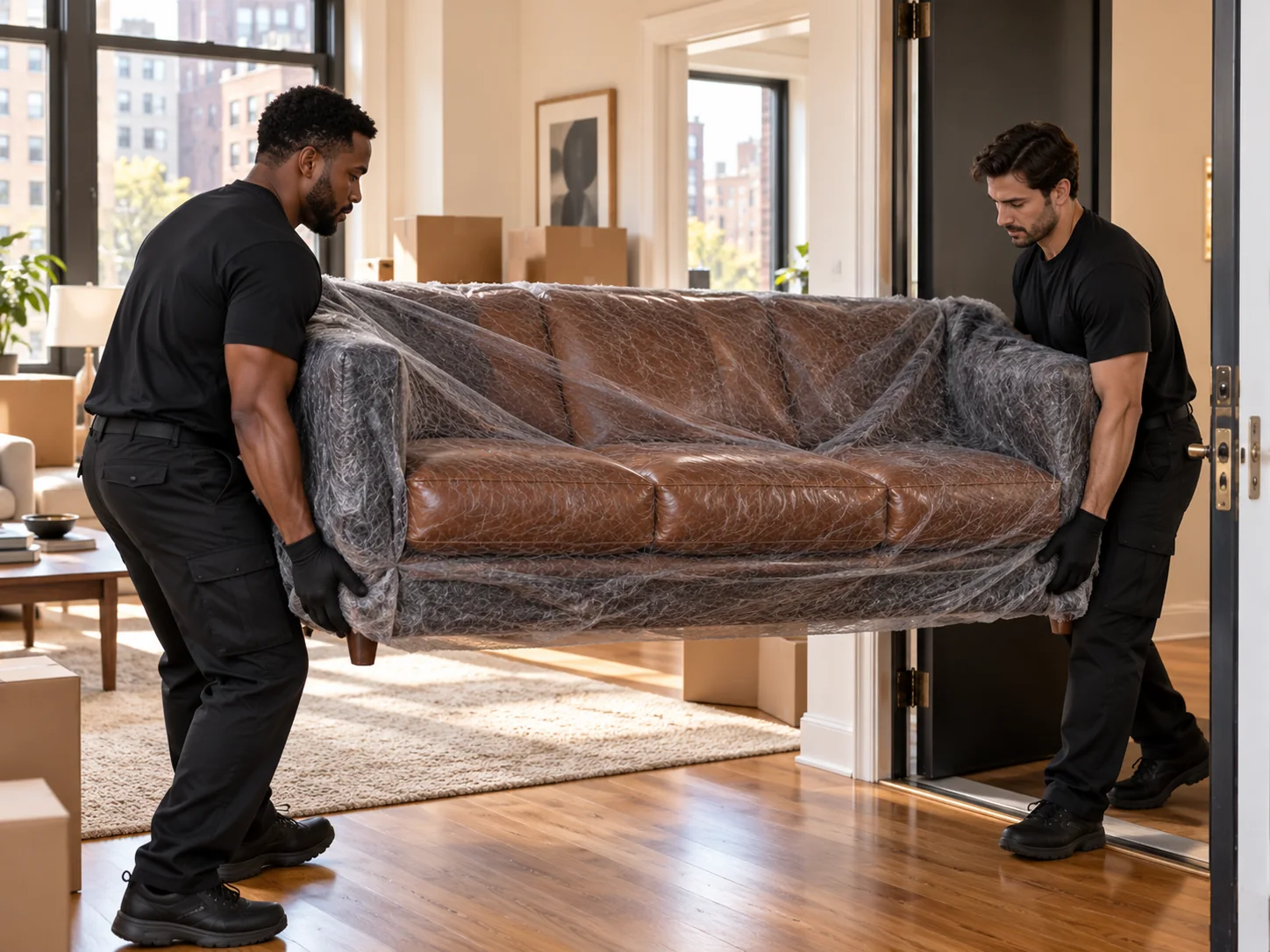 Residential movers carrying a wrapped leather sofa