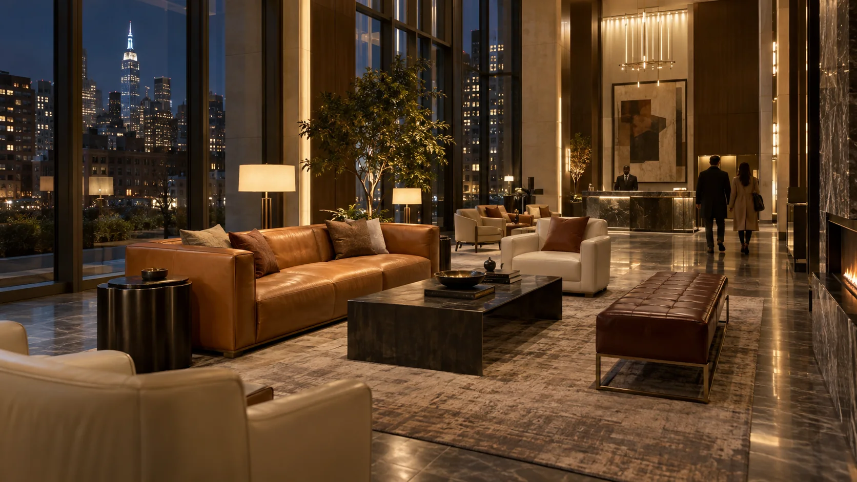 A residential tower lobby with leather seating in the evening