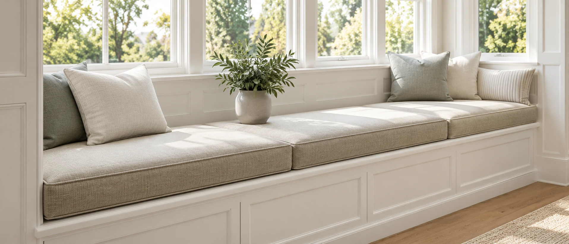 Long white window seat cushion in a bright residential room