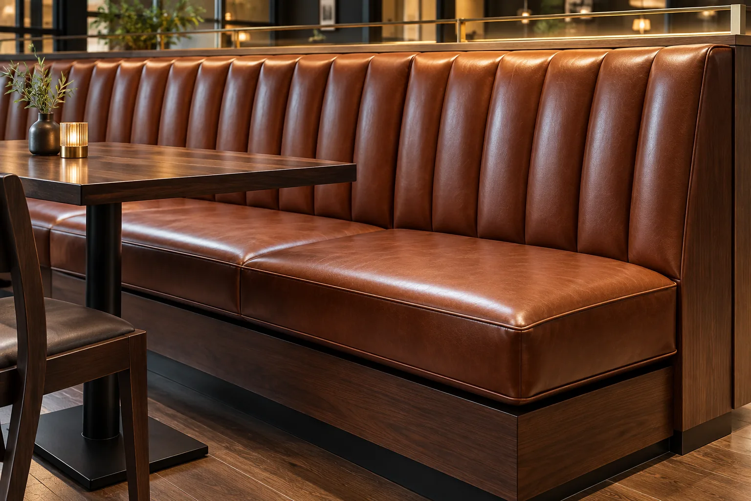 Tan leather banquette seating in a restaurant