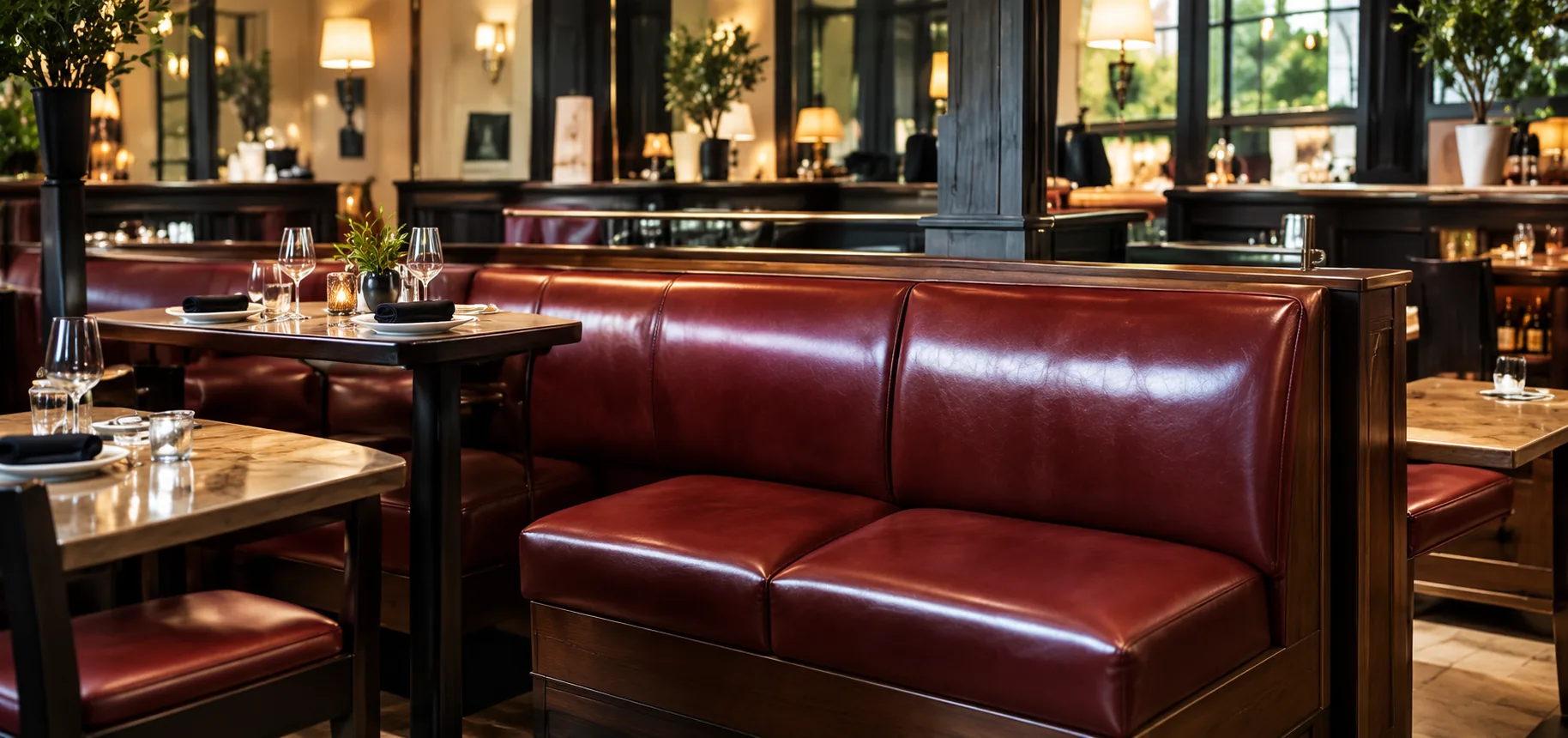 Oxblood leather banquette seating in a restaurant bar
