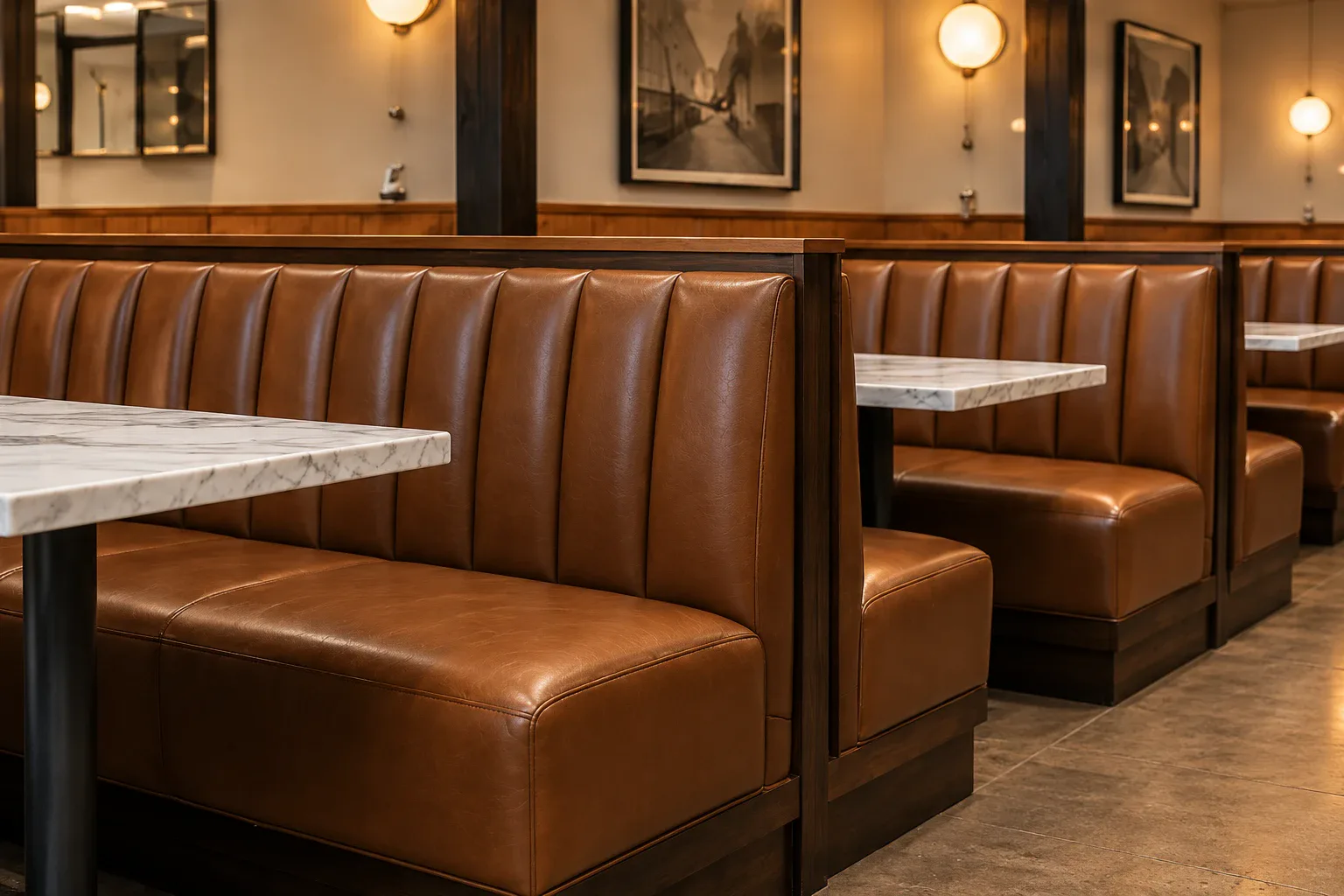 Run of restaurant booths restored to one matching leather color