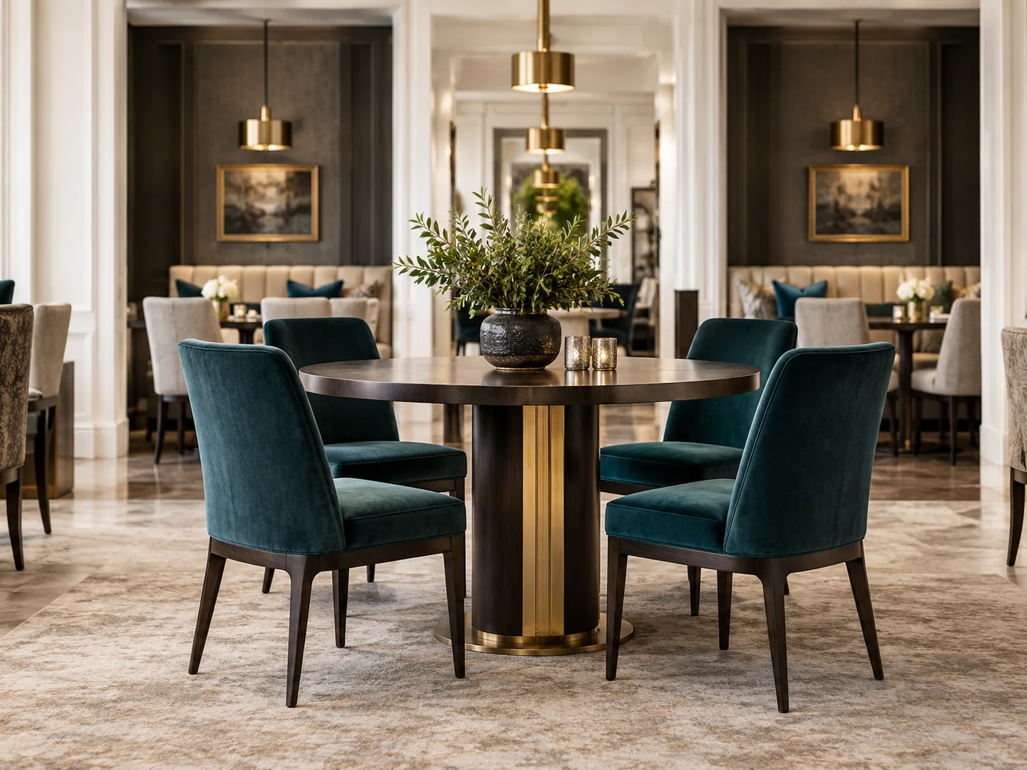Restaurant dining chairs in teal velvet around a walnut table