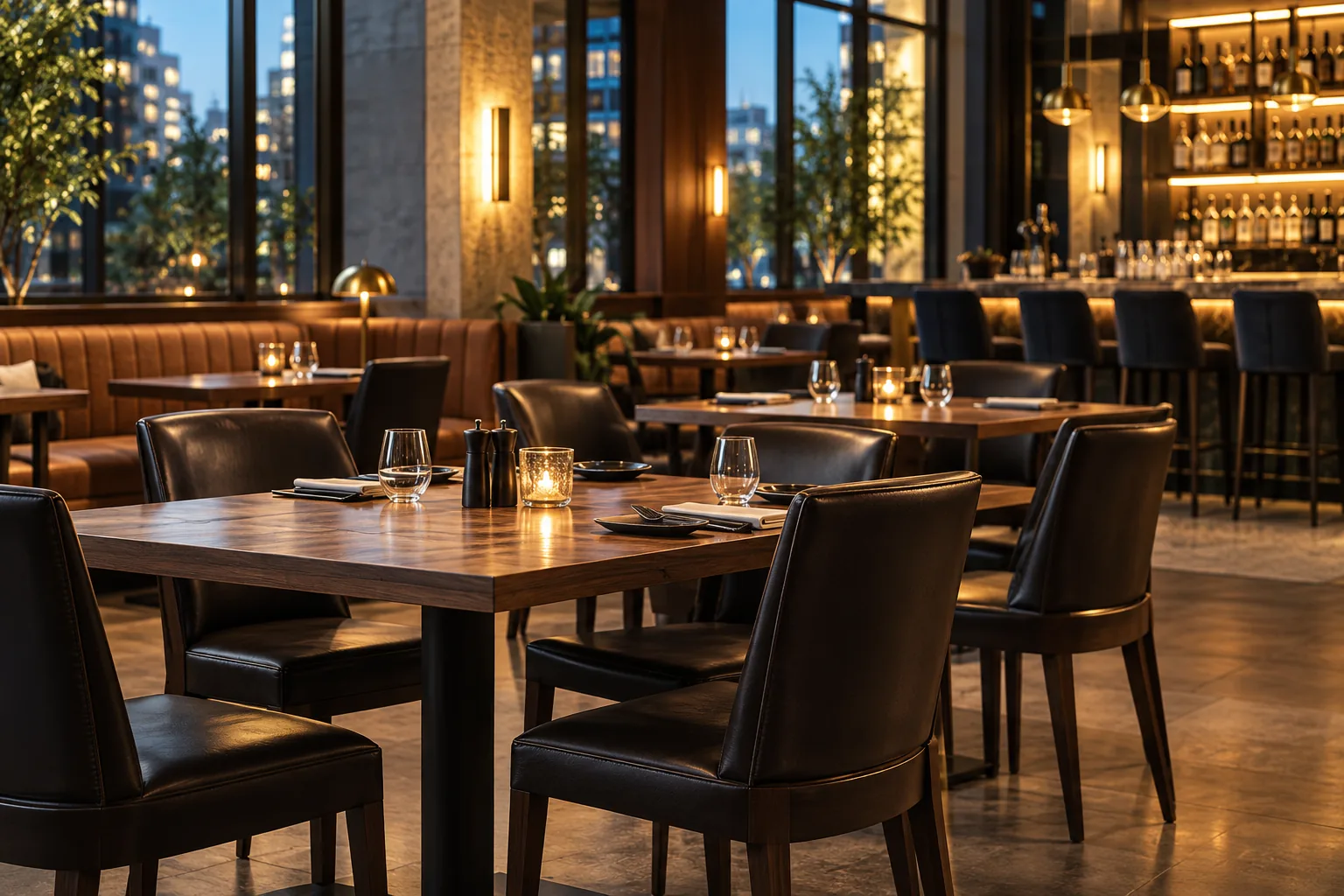 A restaurant dining room with leather chairs set for service