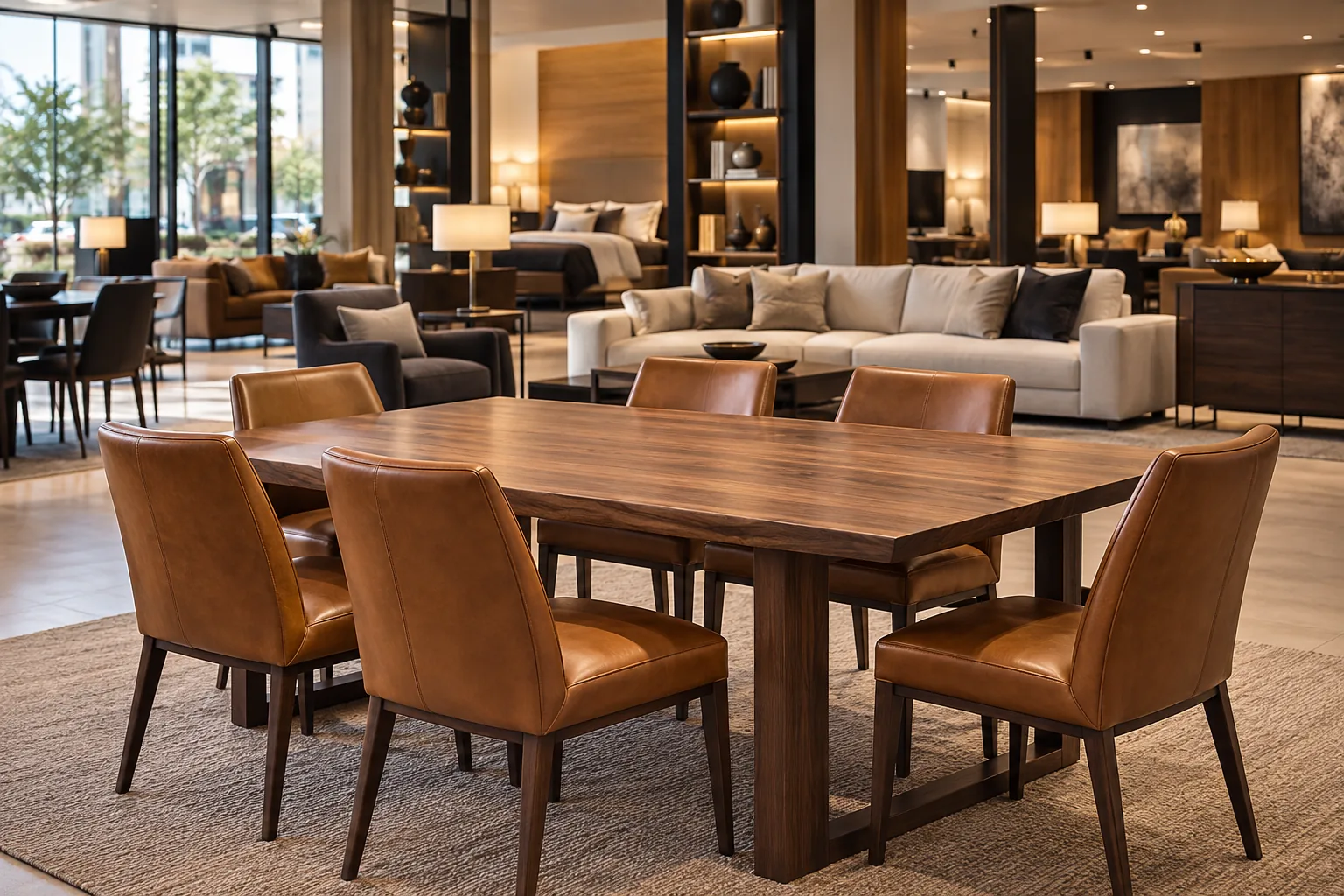 A wide shot of a restaurant dining room with tan leather chairs
