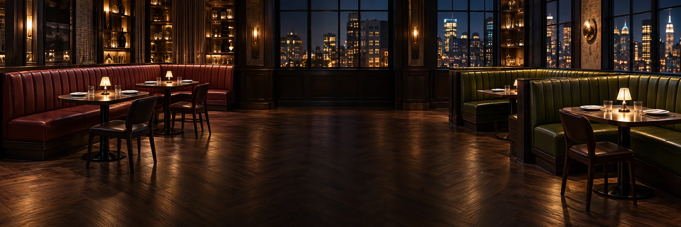 A dark restaurant dining room with long runs of red and green leather banquettes