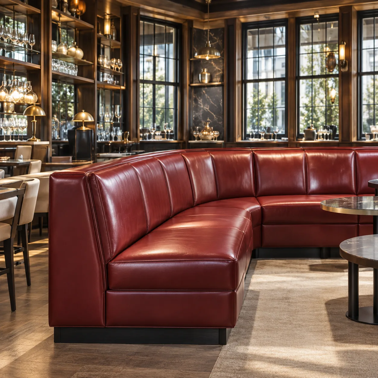 Red leather banquette booth reupholstered in a restaurant