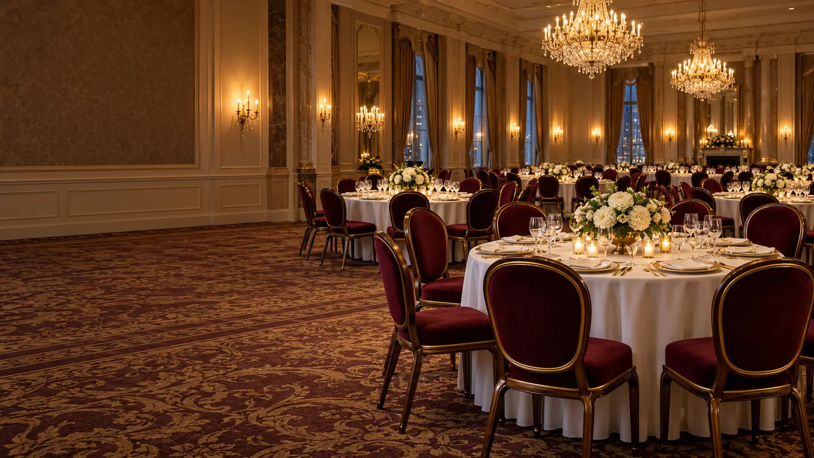 A ballroom set for an event with restored banquet chairs