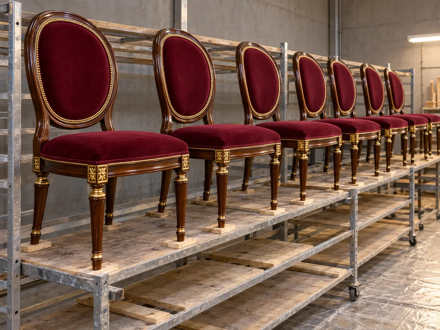 Restored banquet chairs racked while the finish cures