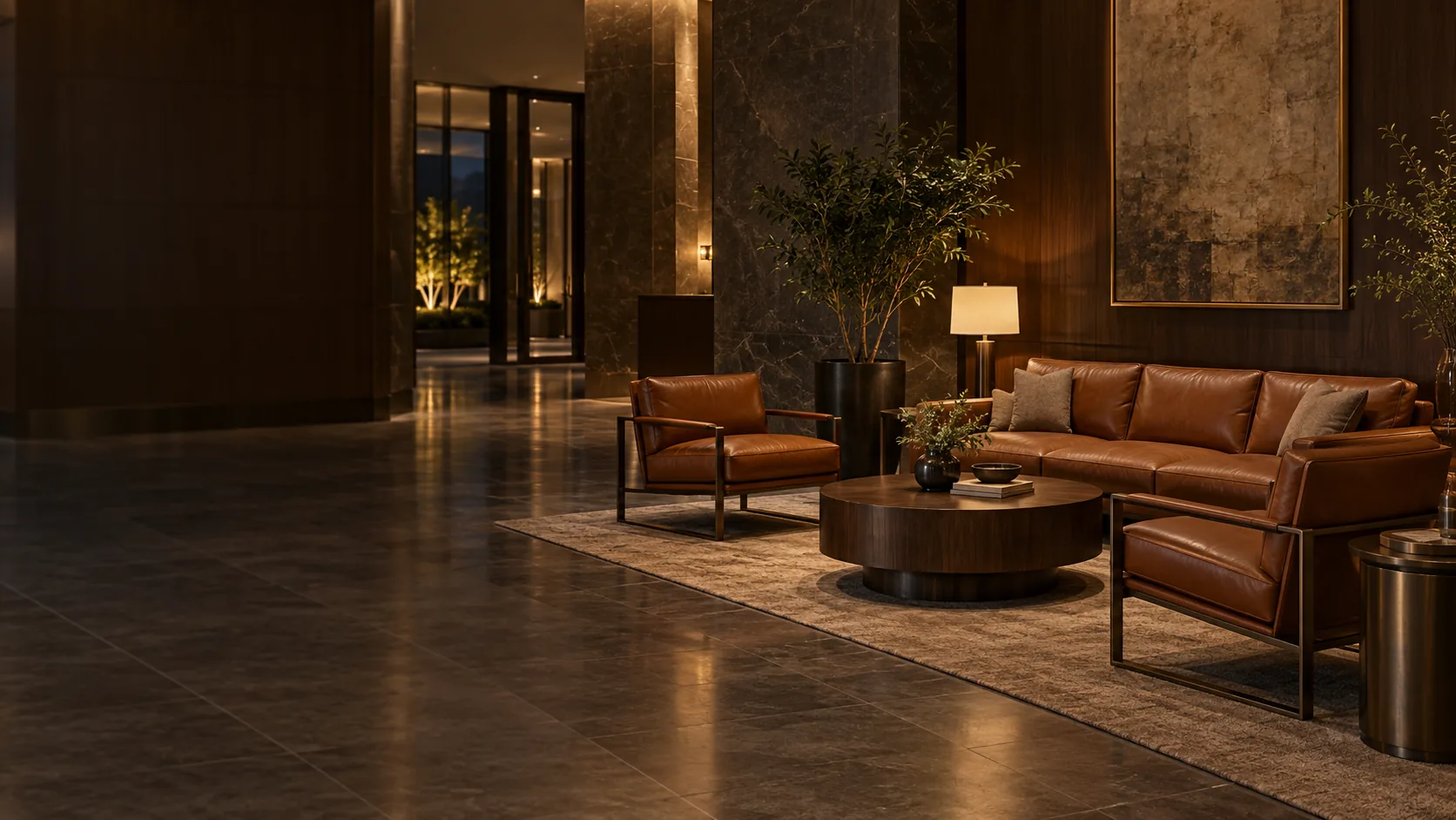 Restored leather lobby seating in the evening