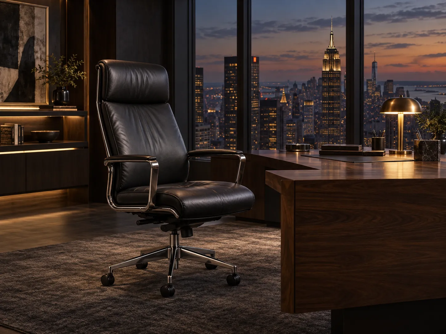 A restored black leather executive chair at a desk in a private office