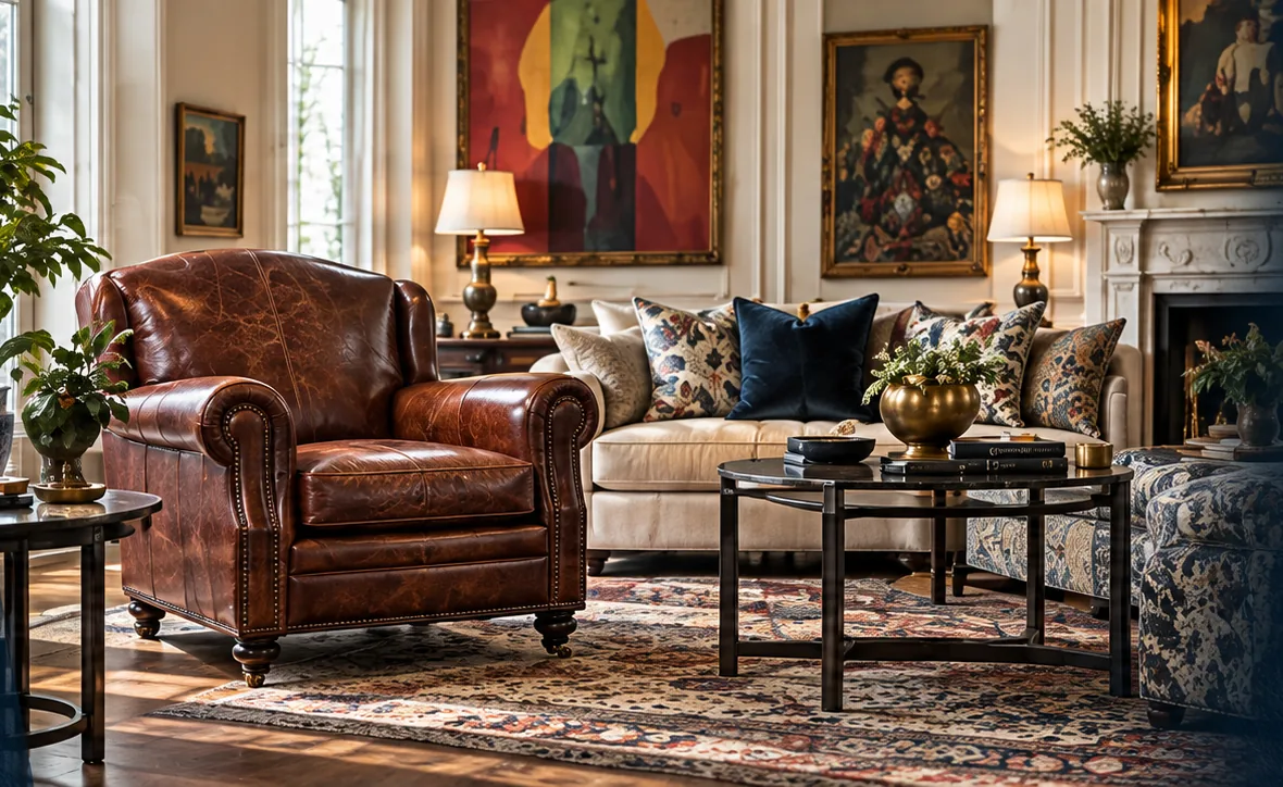 Leather armchair in an eclectic living room