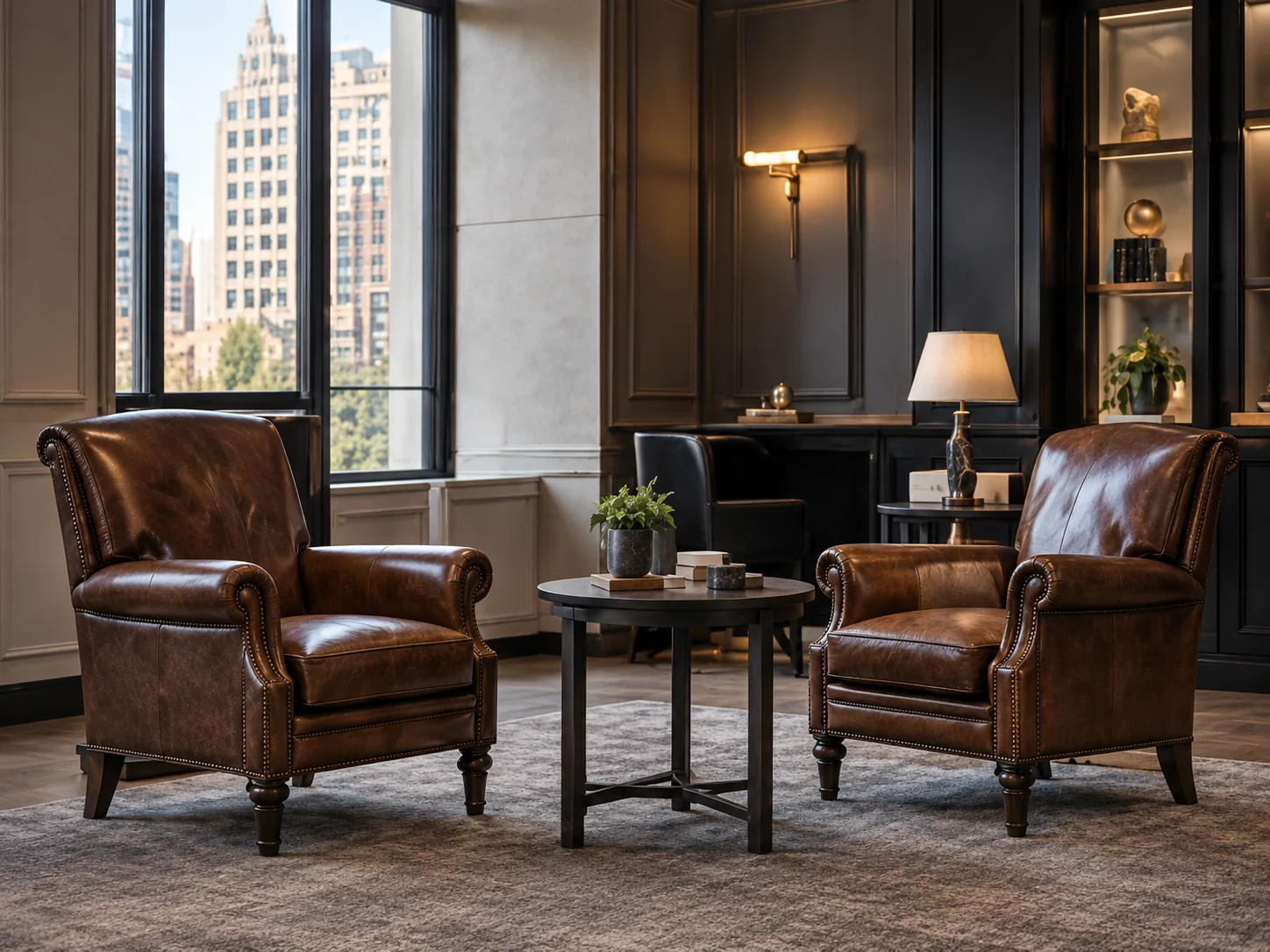 Two restored antique leather armchairs in an office with a Manhattan skyline view