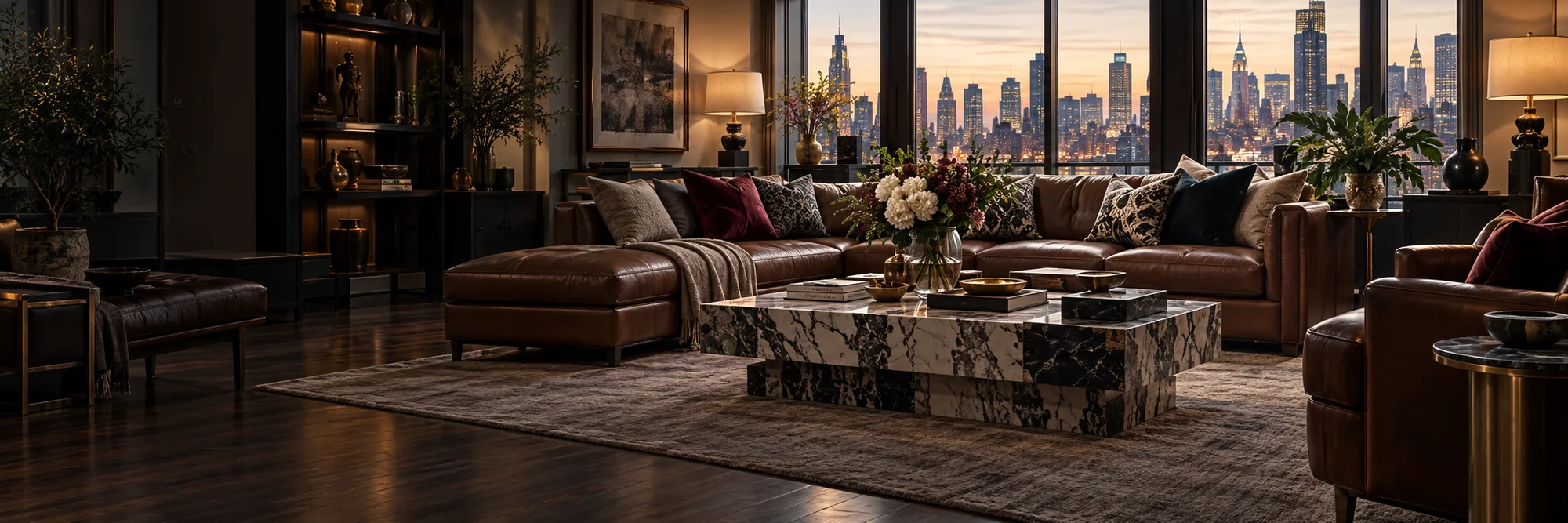Cognac leather sofa facing a city view