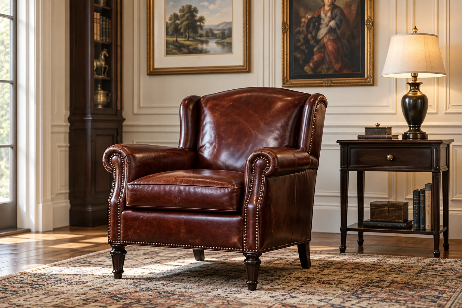 Restored oxblood leather club chair in a traditional study