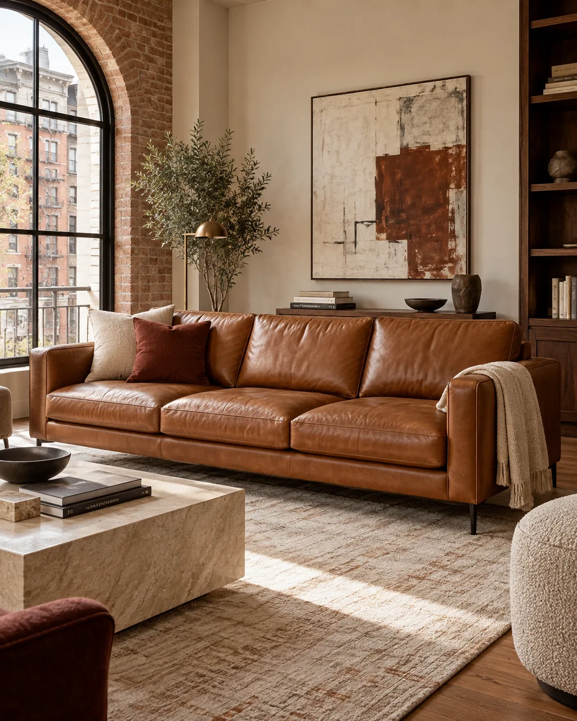 Restored leather sofa staged in the next listing