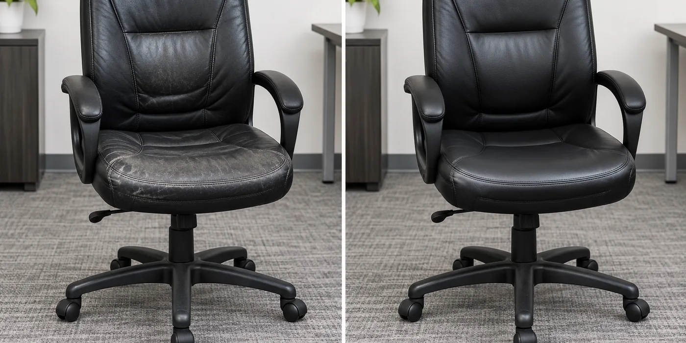 Office chair with a worn seat beside the same chair after commercial furniture services