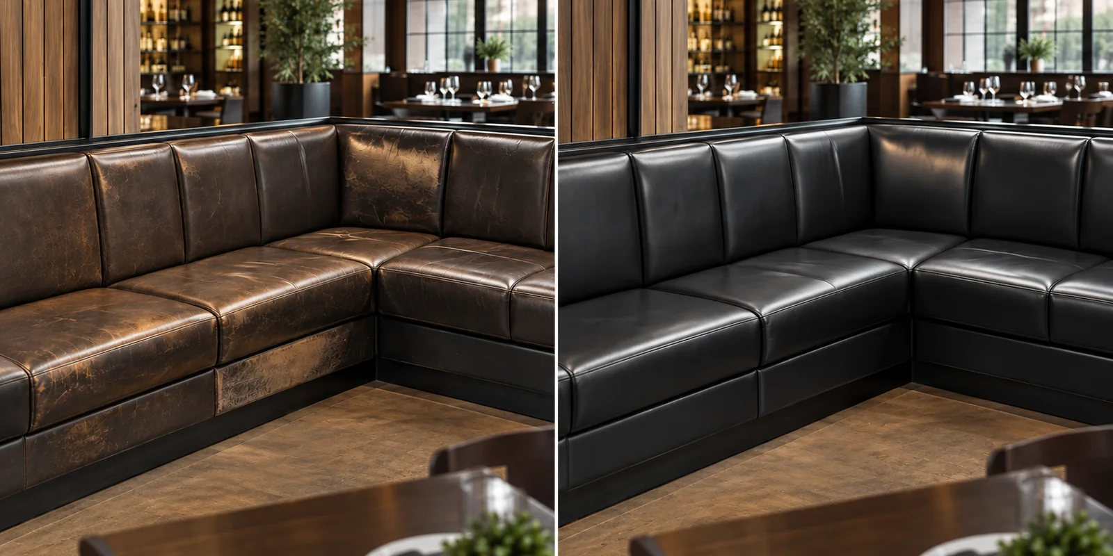 Worn restaurant banquette beside the same banquette after reupholstery