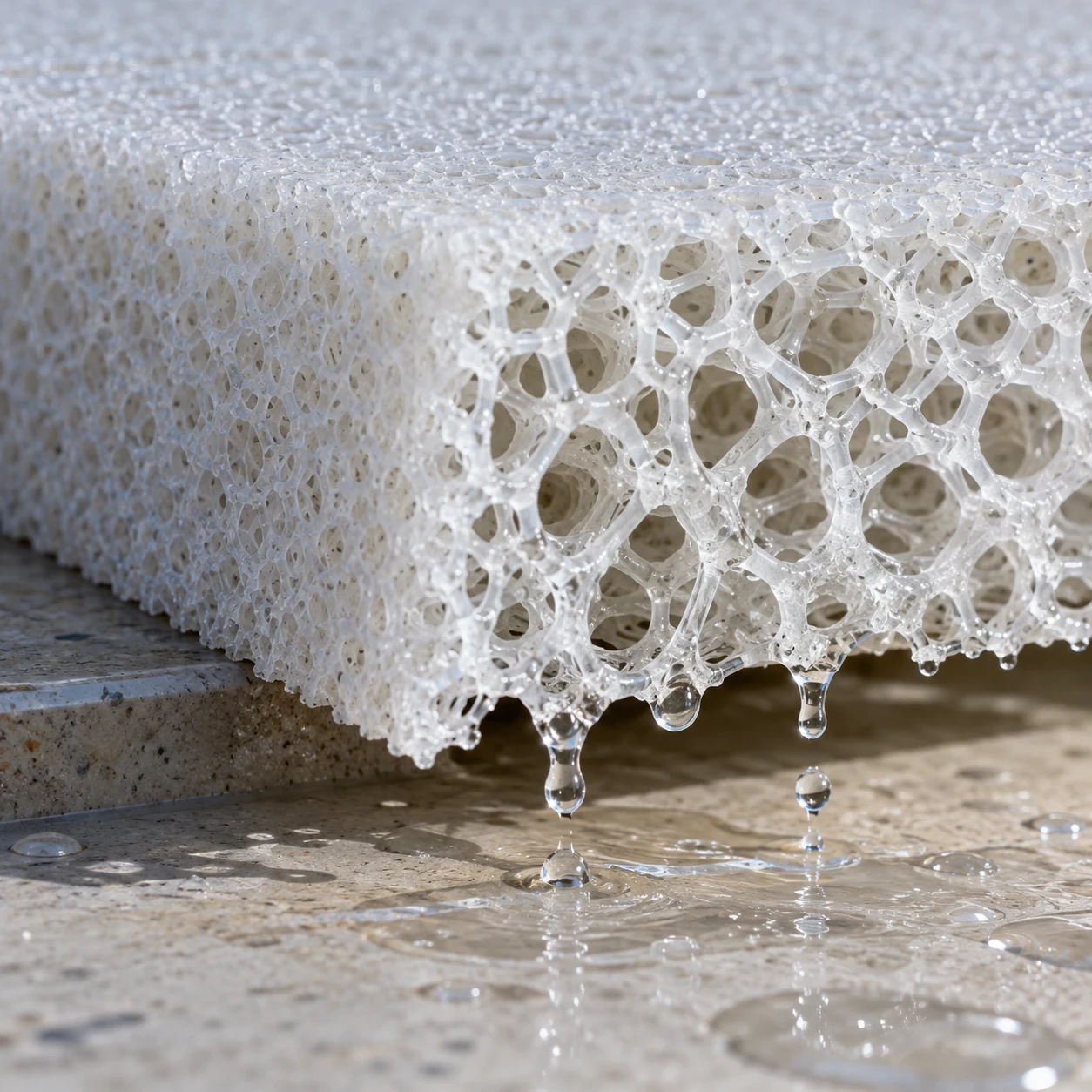A close-up of open-cell reticulated drainage foam