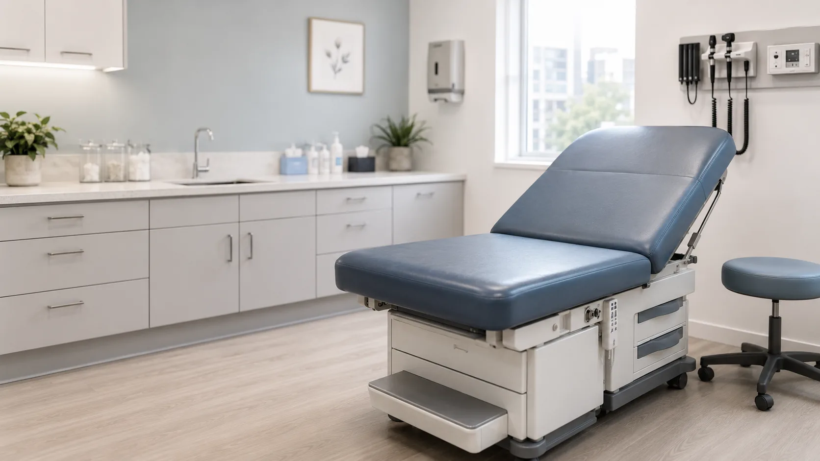 A reupholstered blue exam table in a bright exam room