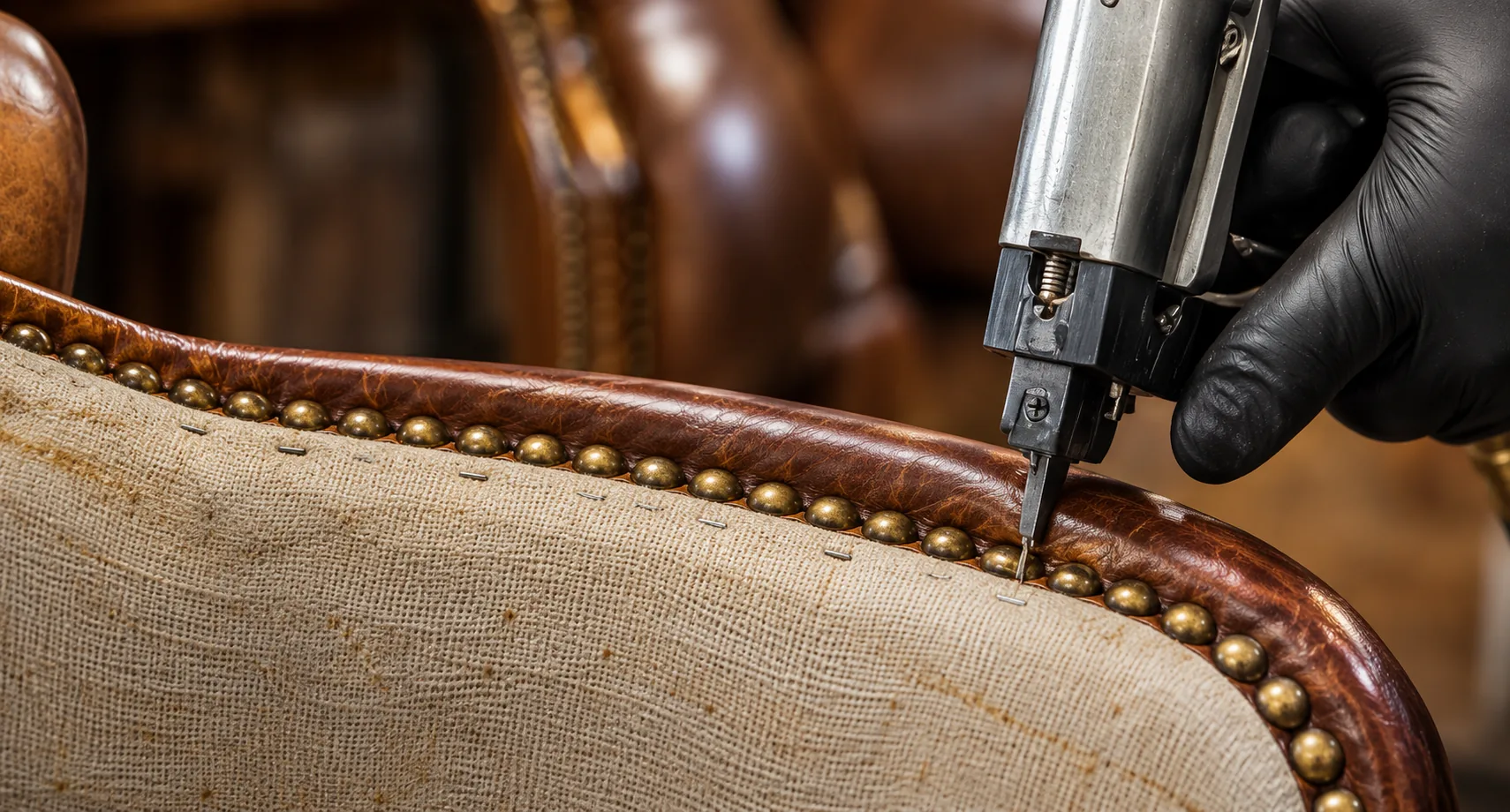 Gloved hand setting nailhead trim while reupholstering an antique chair