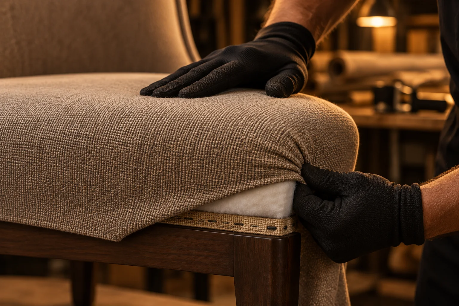 A technician fitting new fabric to a hotel room chair seat