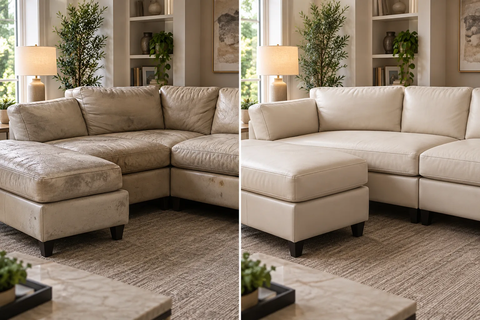 Chaise sectional recovered in cream leather, before and after