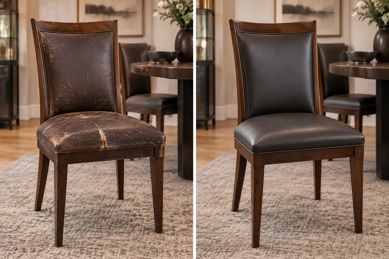 Dining chair recovered in brown leather, before and after