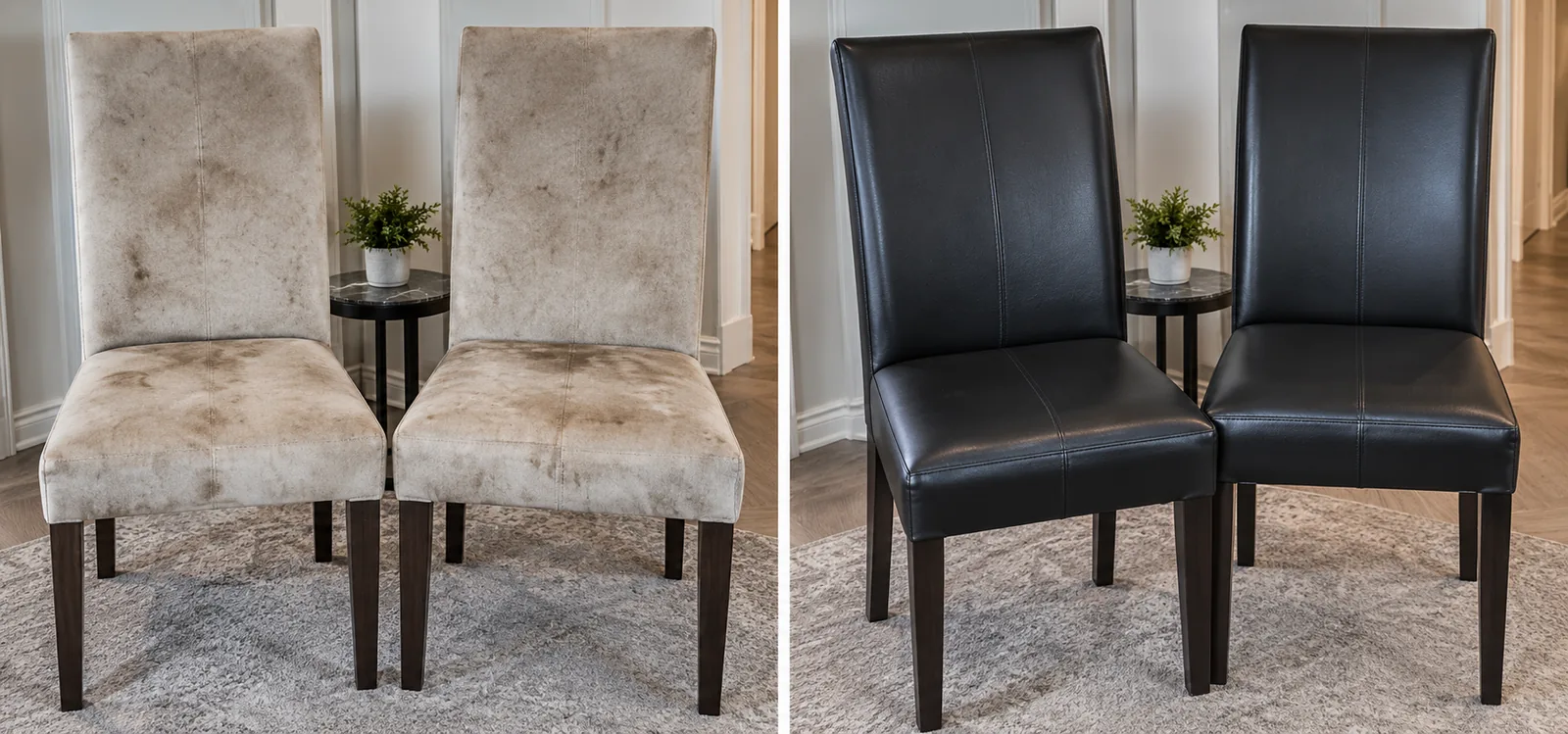 Dining chairs before and after black leather reupholstery